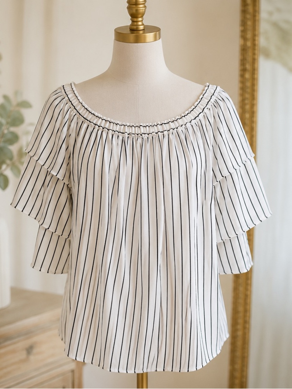 Worthington White Off-Shoulder Striped Flutter Sleeve Blouse